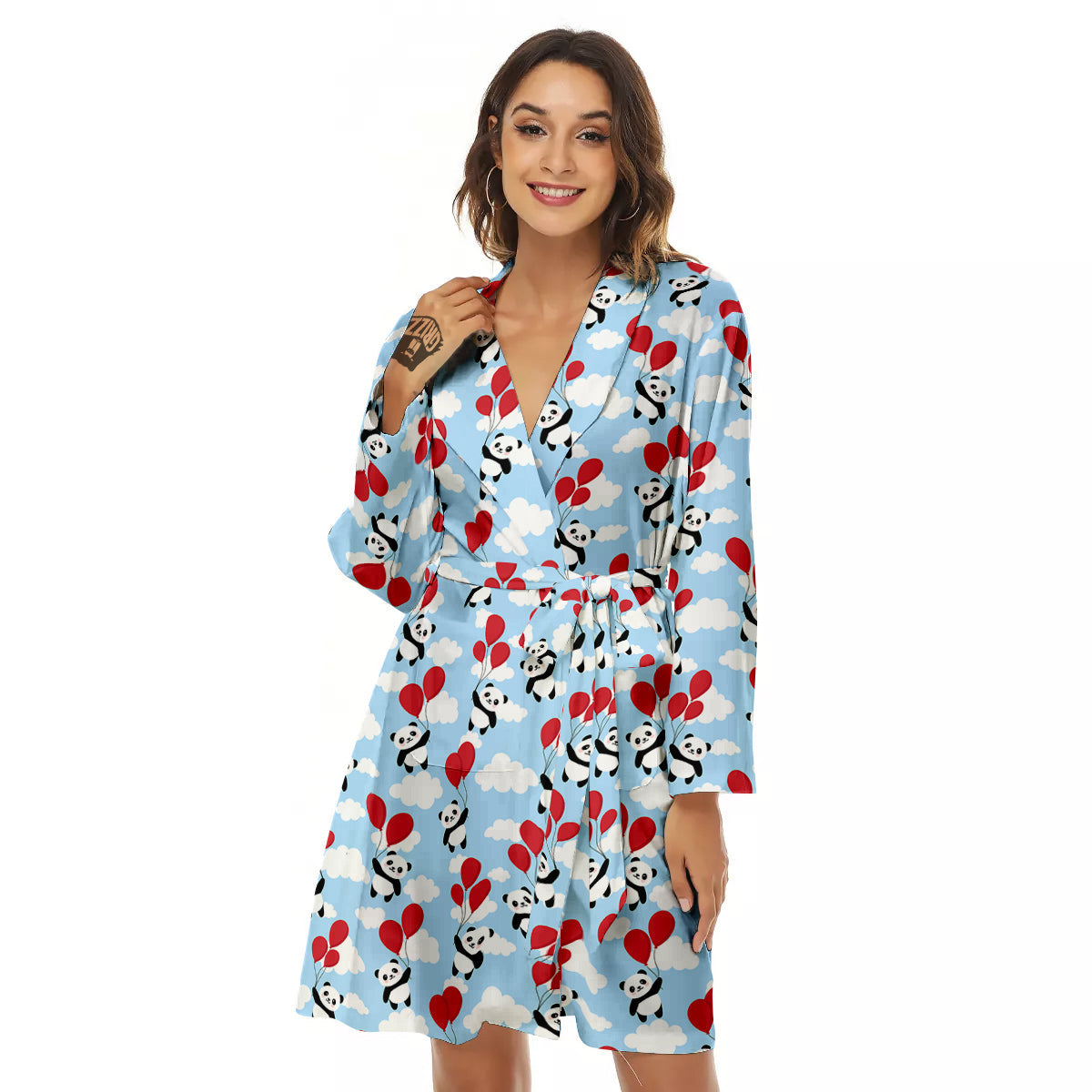 Balloon And Cute Panda Print Pattern Women's Robe-grizzshop
