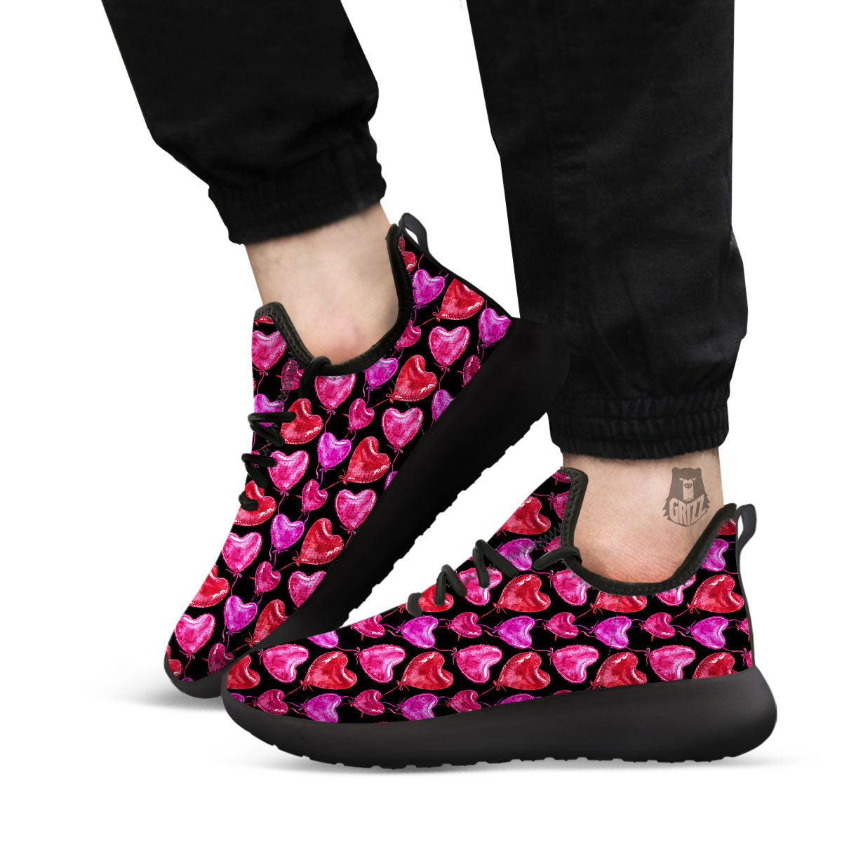 Balloon Red Heart Print Pattern Black Athletic Shoes-grizzshop