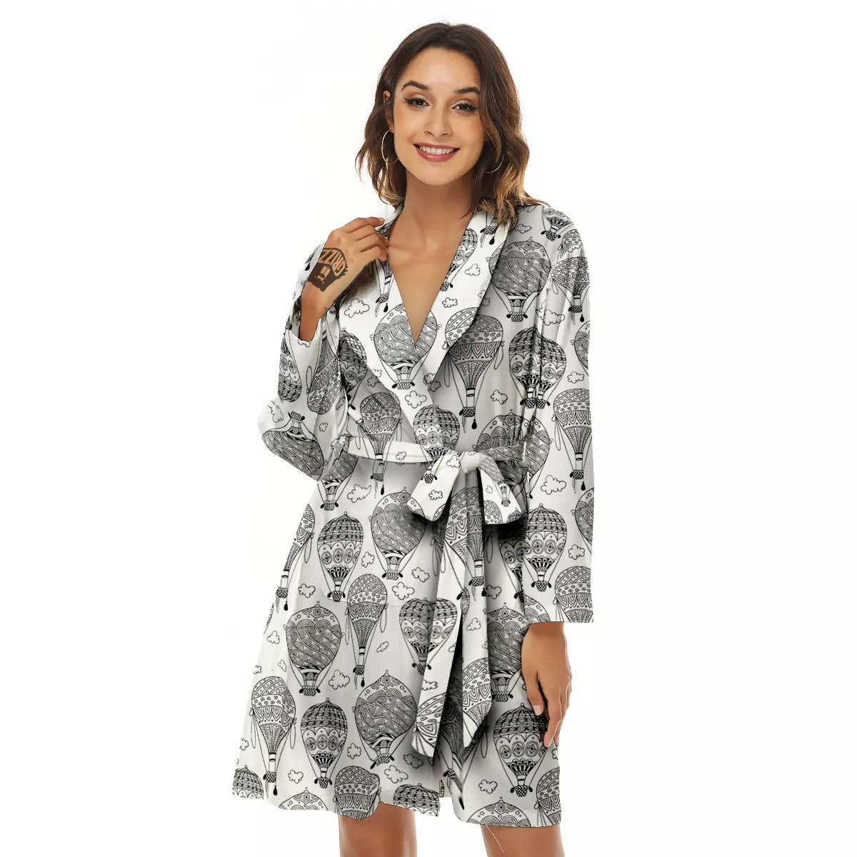 Balloon White And Black Print Pattern Women's Robe-grizzshop