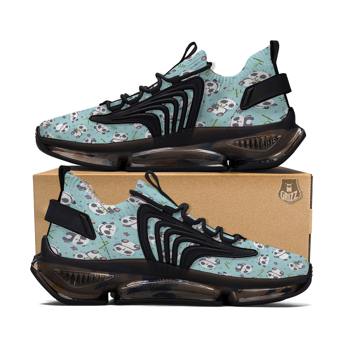Bamboo And Cute Panda Print Pattern Black Gym Shoes-grizzshop