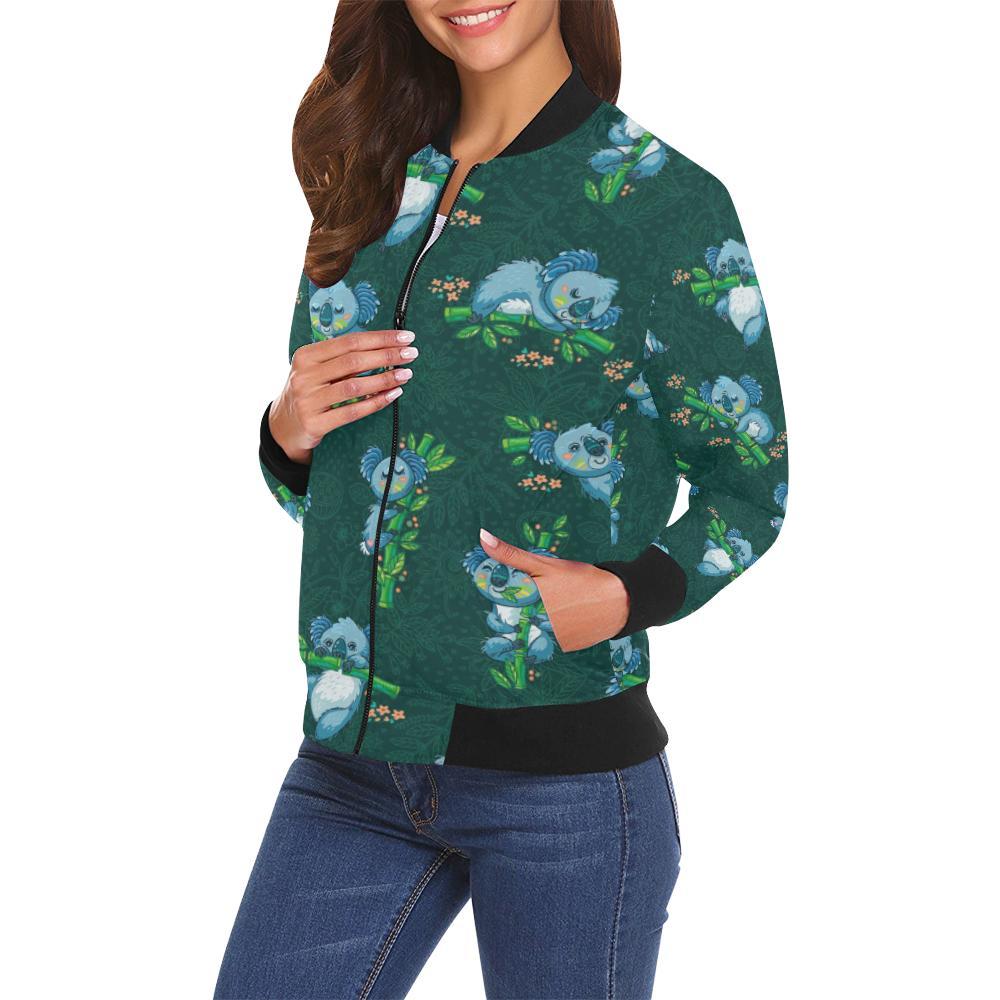 Bamboo Koala Pattern Print Women Casual Bomber Jacket-grizzshop