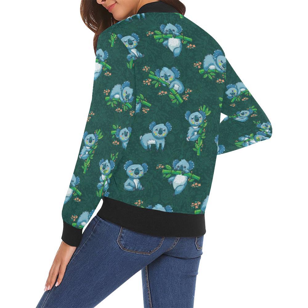 Bamboo Koala Pattern Print Women Casual Bomber Jacket-grizzshop