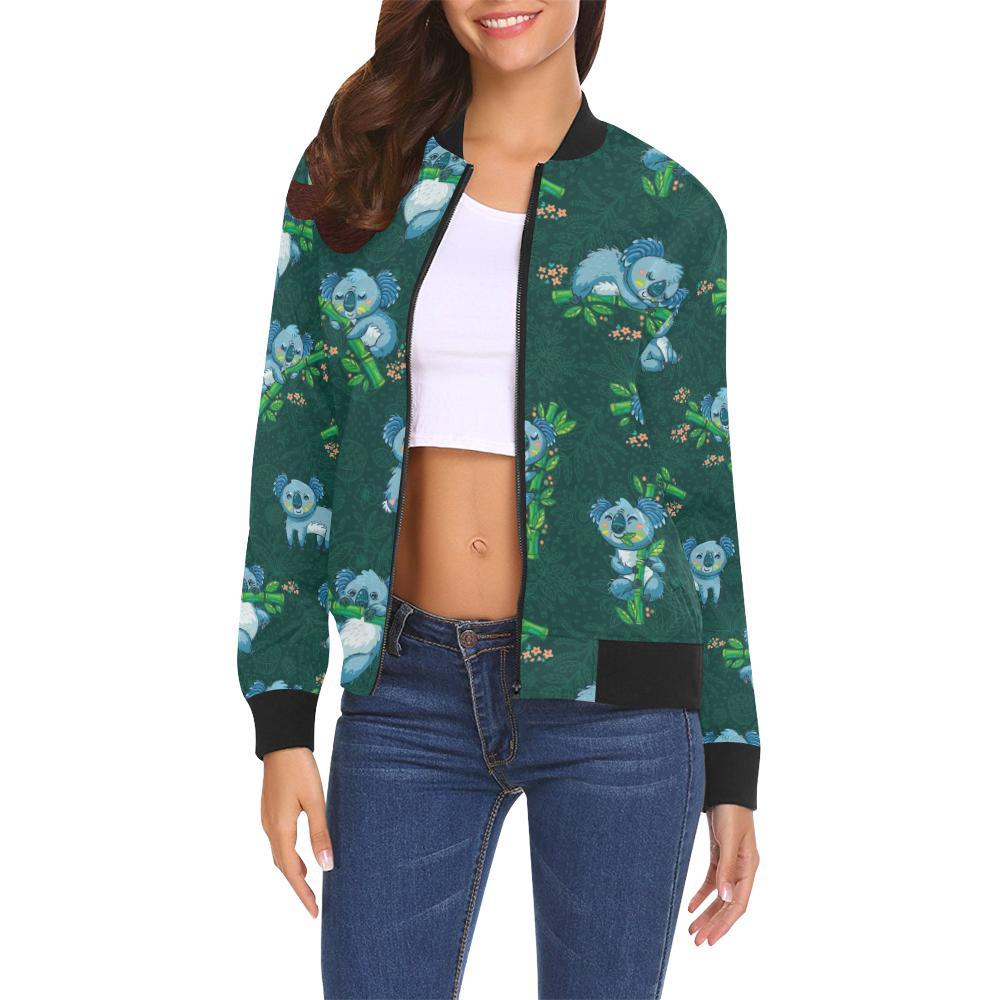 Bamboo Koala Pattern Print Women Casual Bomber Jacket-grizzshop