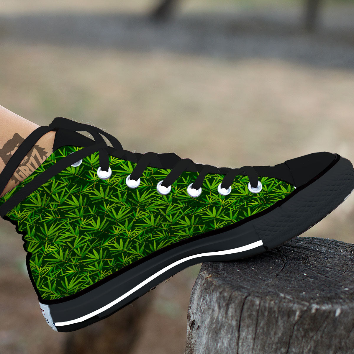 Bamboo Leaf Green Print Pattern Black High Top Shoes-grizzshop