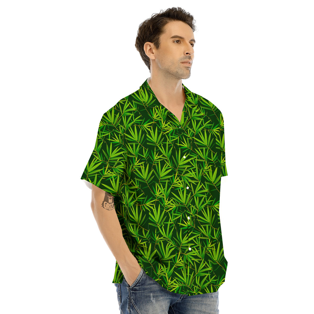 Bamboo Leaf Green Print Pattern Men's Hawaiian Shirt-grizzshop