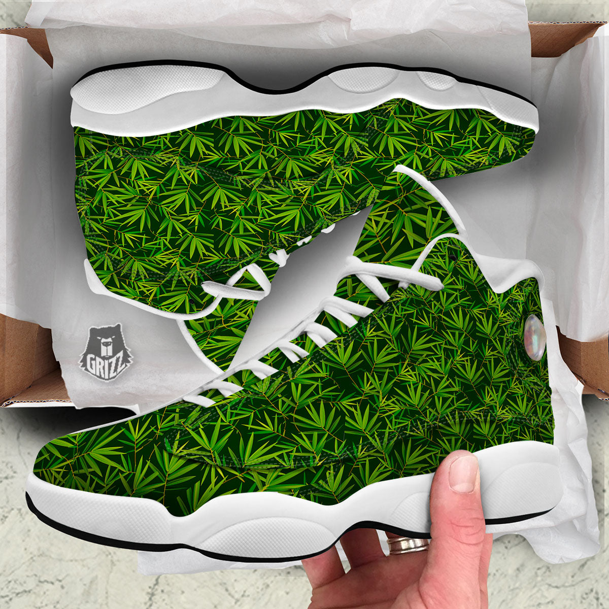 Bamboo Leaf Green Print Pattern White Basketball Shoes-grizzshop