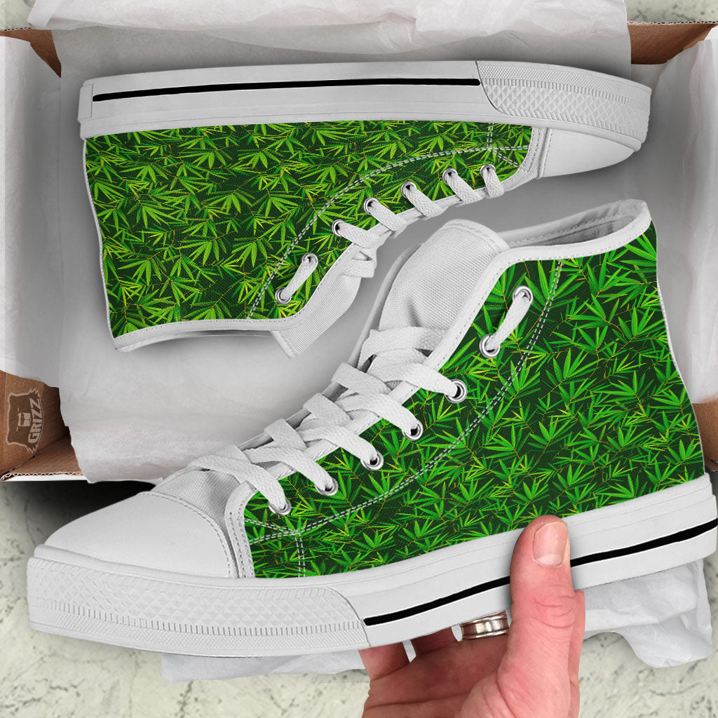 Bamboo Leaf Green Print Pattern White High Top Shoes-grizzshop