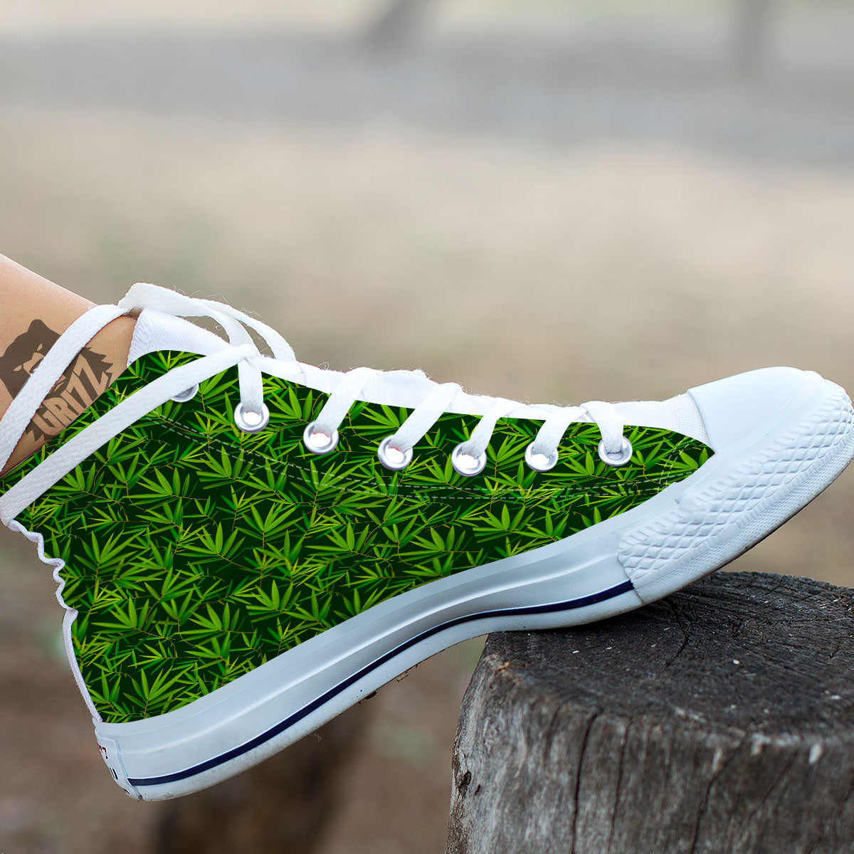 Bamboo Leaf Green Print Pattern White High Top Shoes-grizzshop