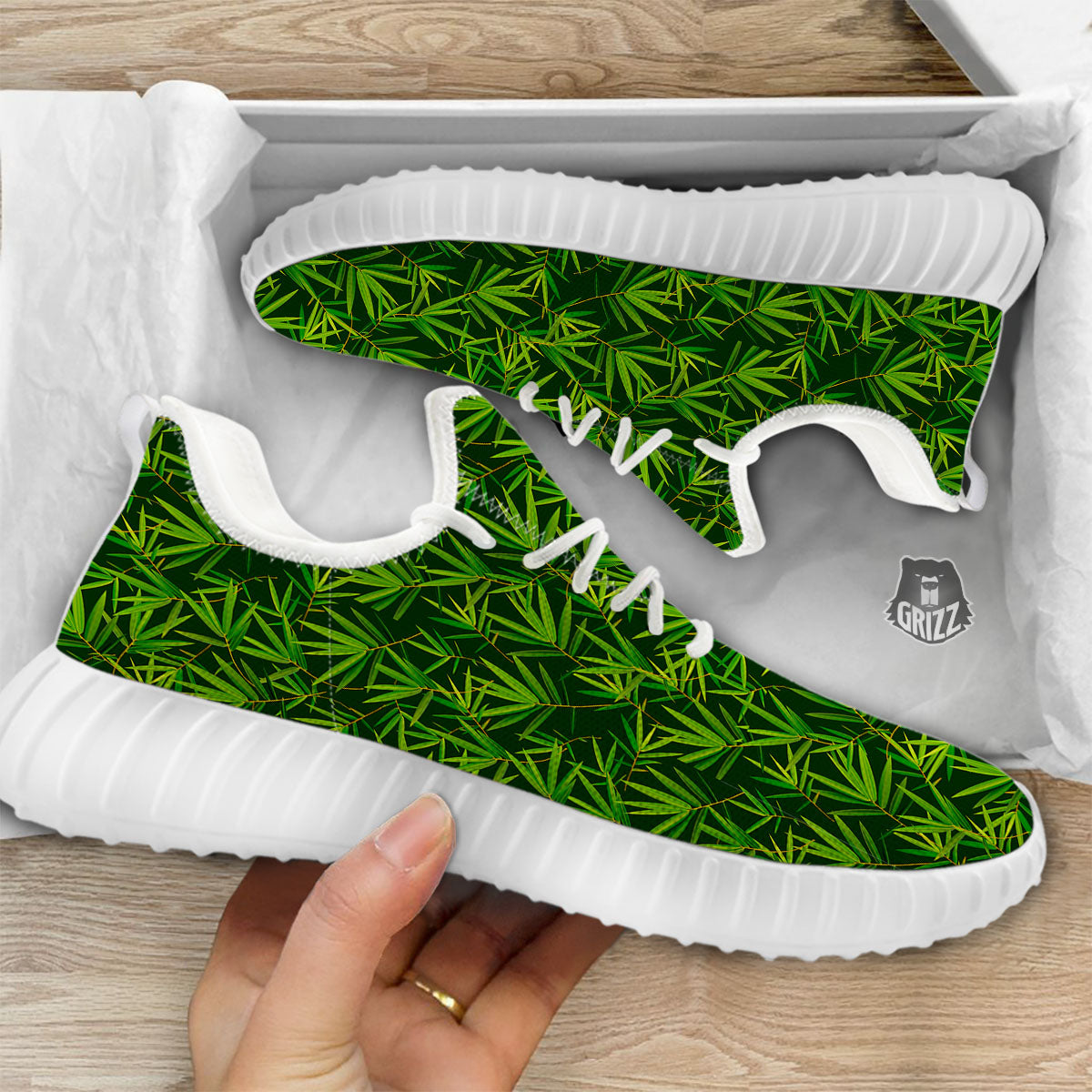 Bamboo Leaf Green Print Pattern White Walking Shoes-grizzshop