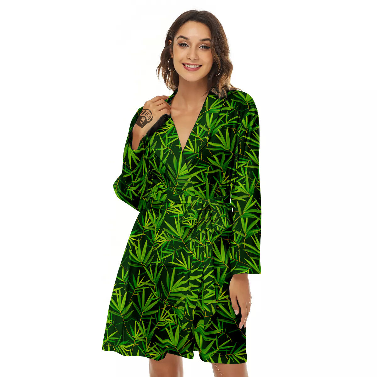 Bamboo Leaf Green Print Pattern Women's Robe-grizzshop