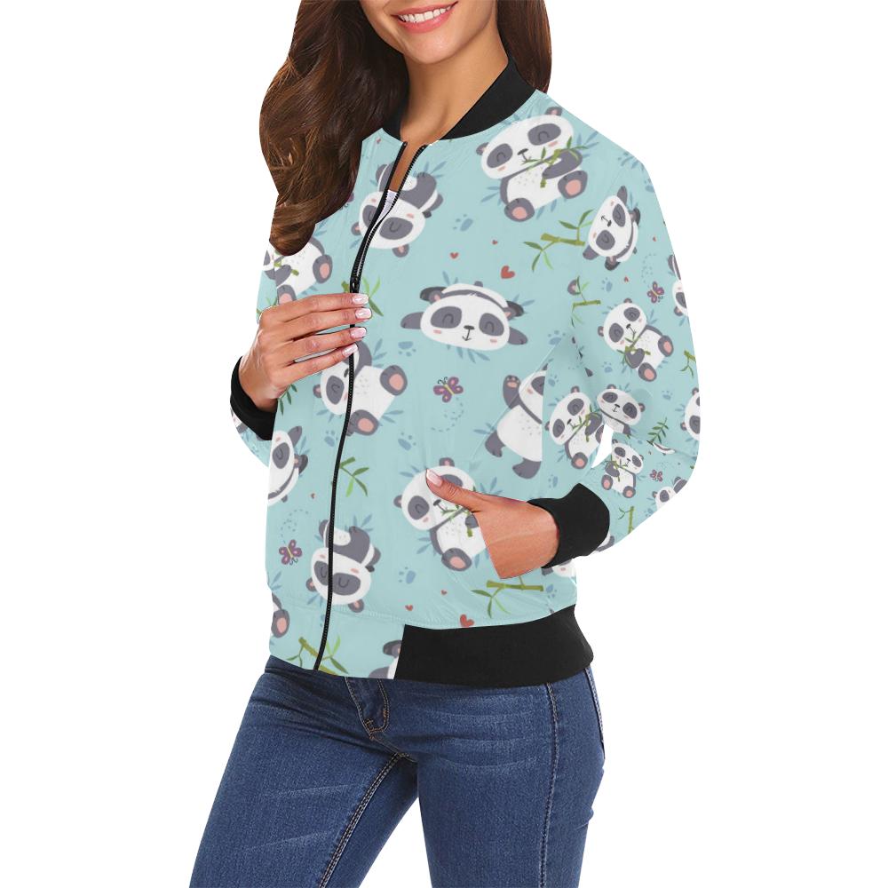 Bamboo Mint Panda Pattern Print Women Casual Bomber Jacket-grizzshop