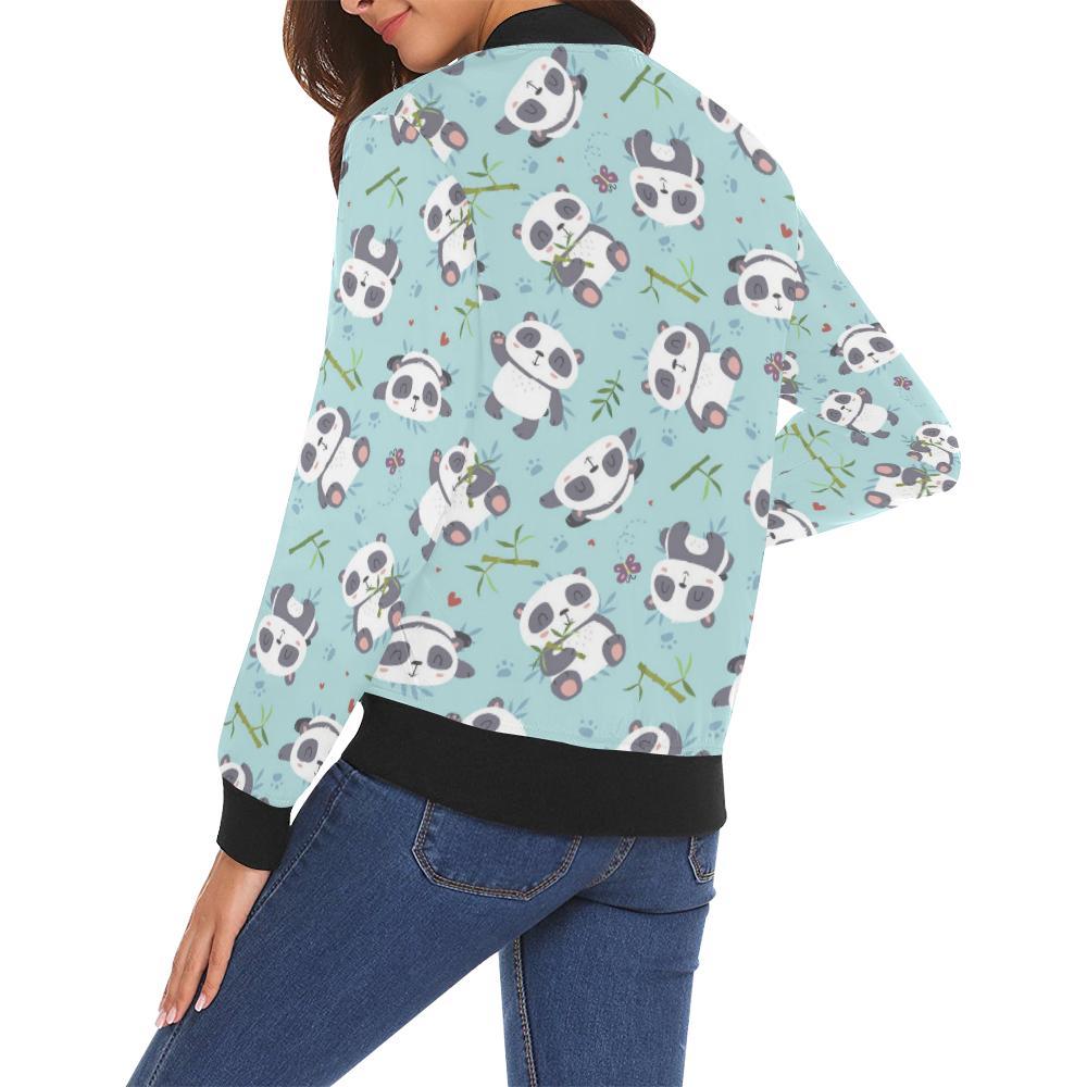 Bamboo Mint Panda Pattern Print Women Casual Bomber Jacket-grizzshop