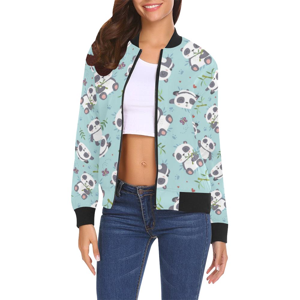 Bamboo Mint Panda Pattern Print Women Casual Bomber Jacket-grizzshop