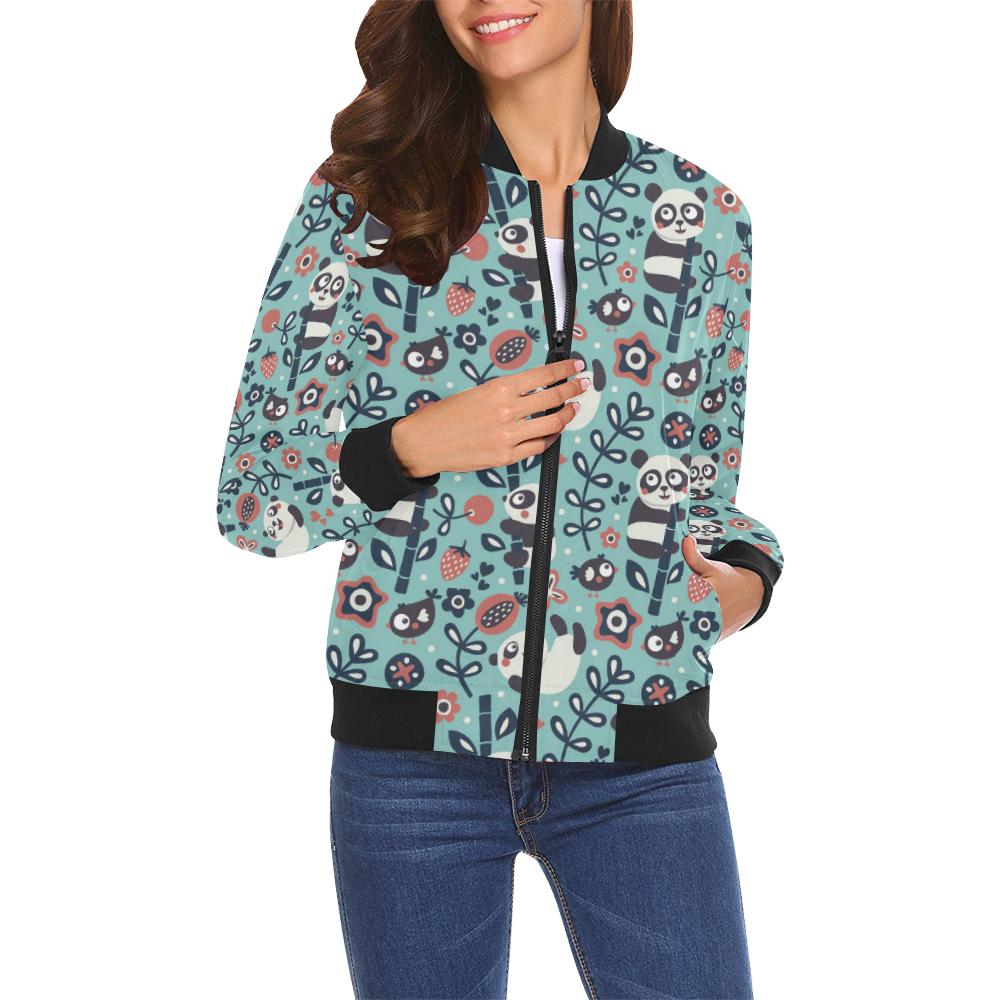 Bamboo Panda Pattern Print Women Casual Bomber Jacket-grizzshop