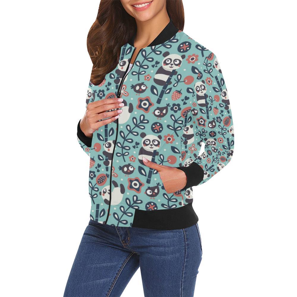 Bamboo Panda Pattern Print Women Casual Bomber Jacket-grizzshop