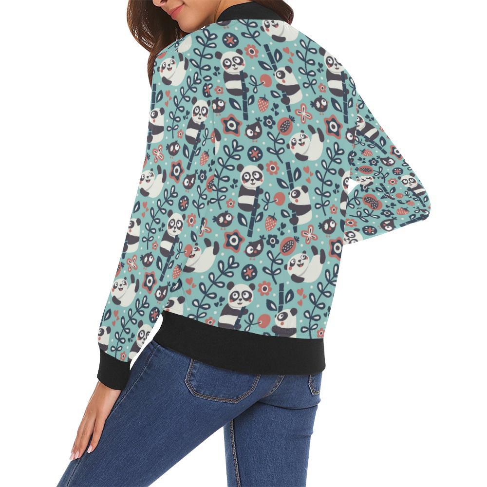 Bamboo Panda Pattern Print Women Casual Bomber Jacket-grizzshop