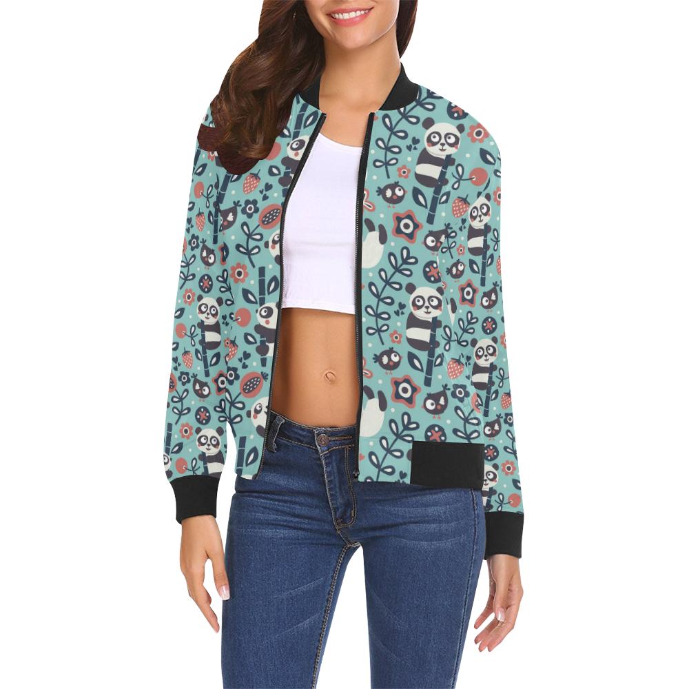 Bamboo Panda Pattern Print Women Casual Bomber Jacket-grizzshop