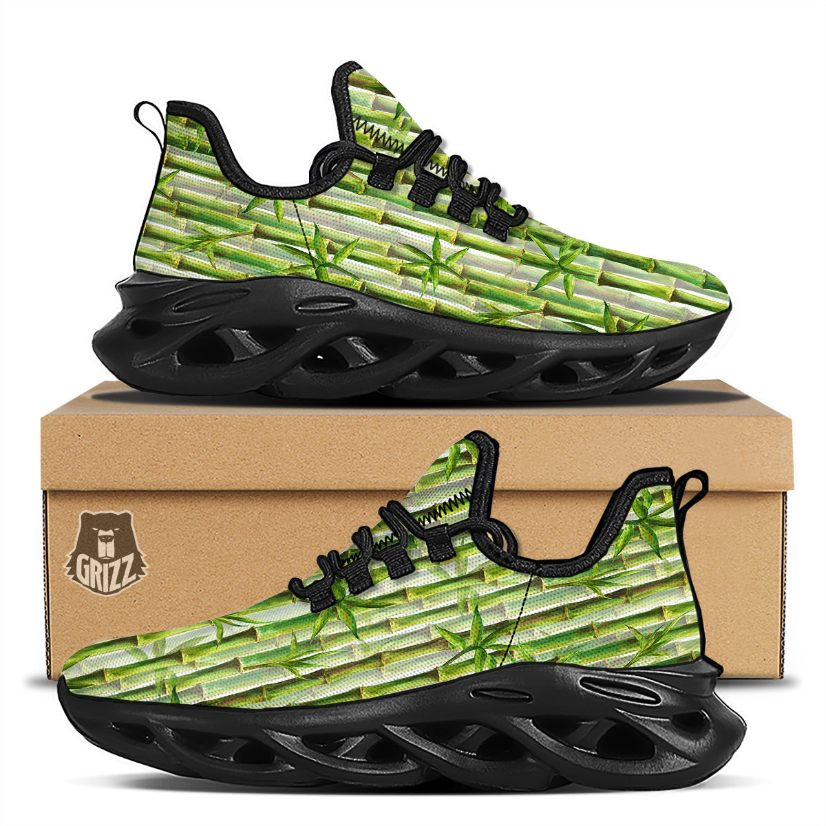 Bamboo Watercolor Print Pattern Black Running Shoes-grizzshop