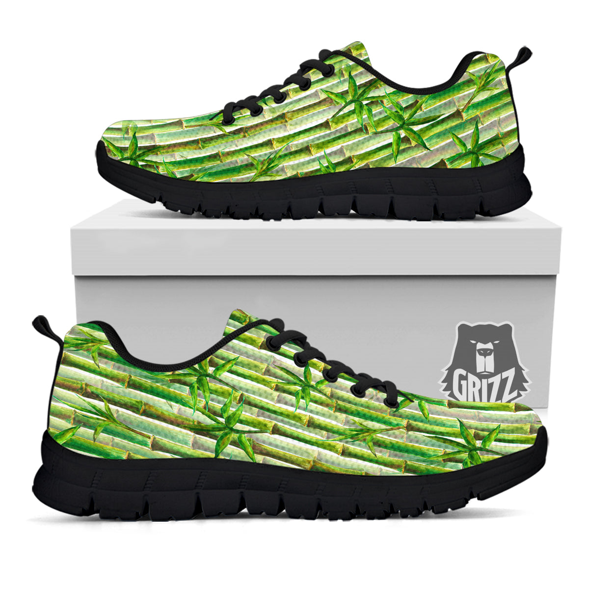 Bamboo Watercolor Print Pattern Black Sneaker-grizzshop