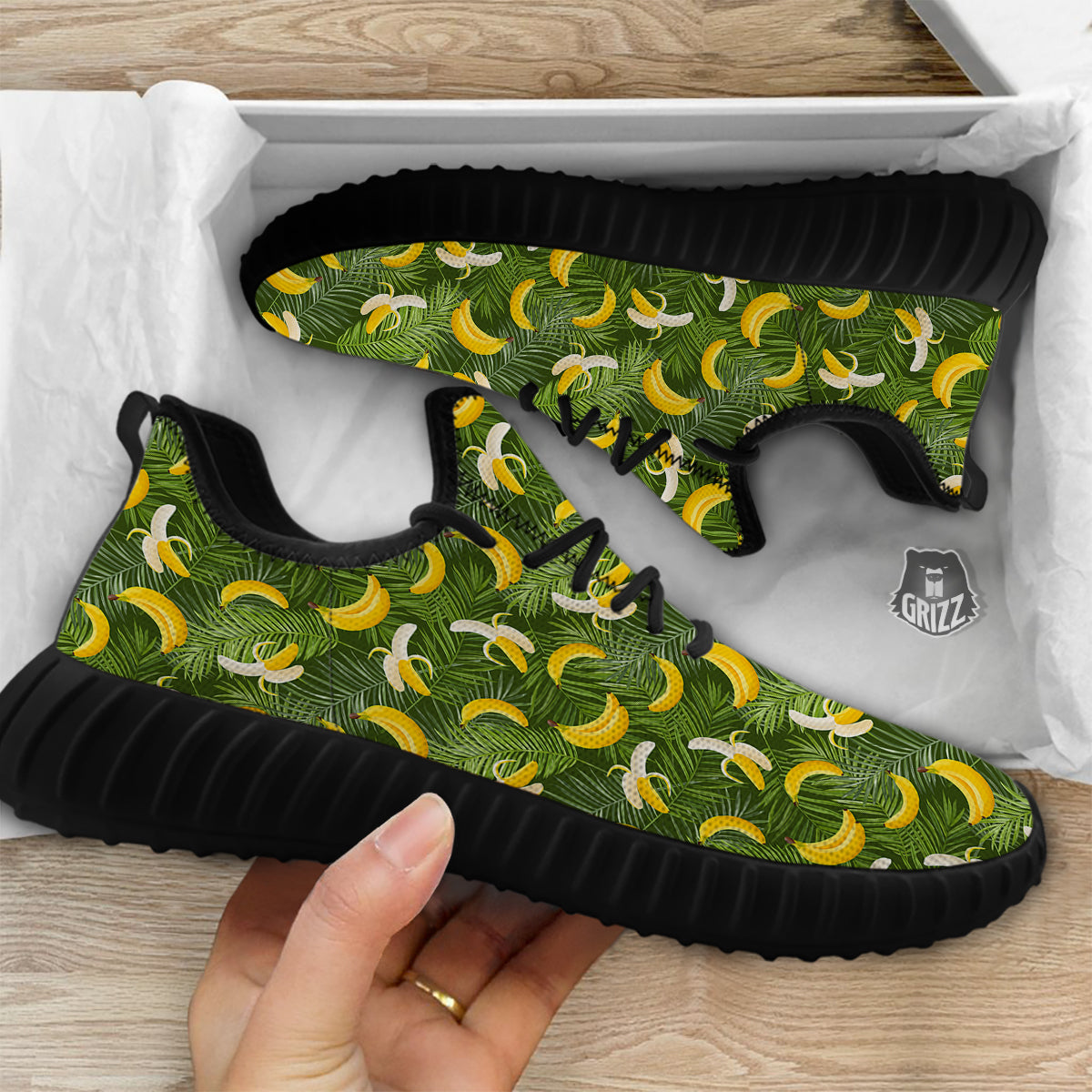 Banana Aloha Print Pattern Black Walking Shoes-grizzshop