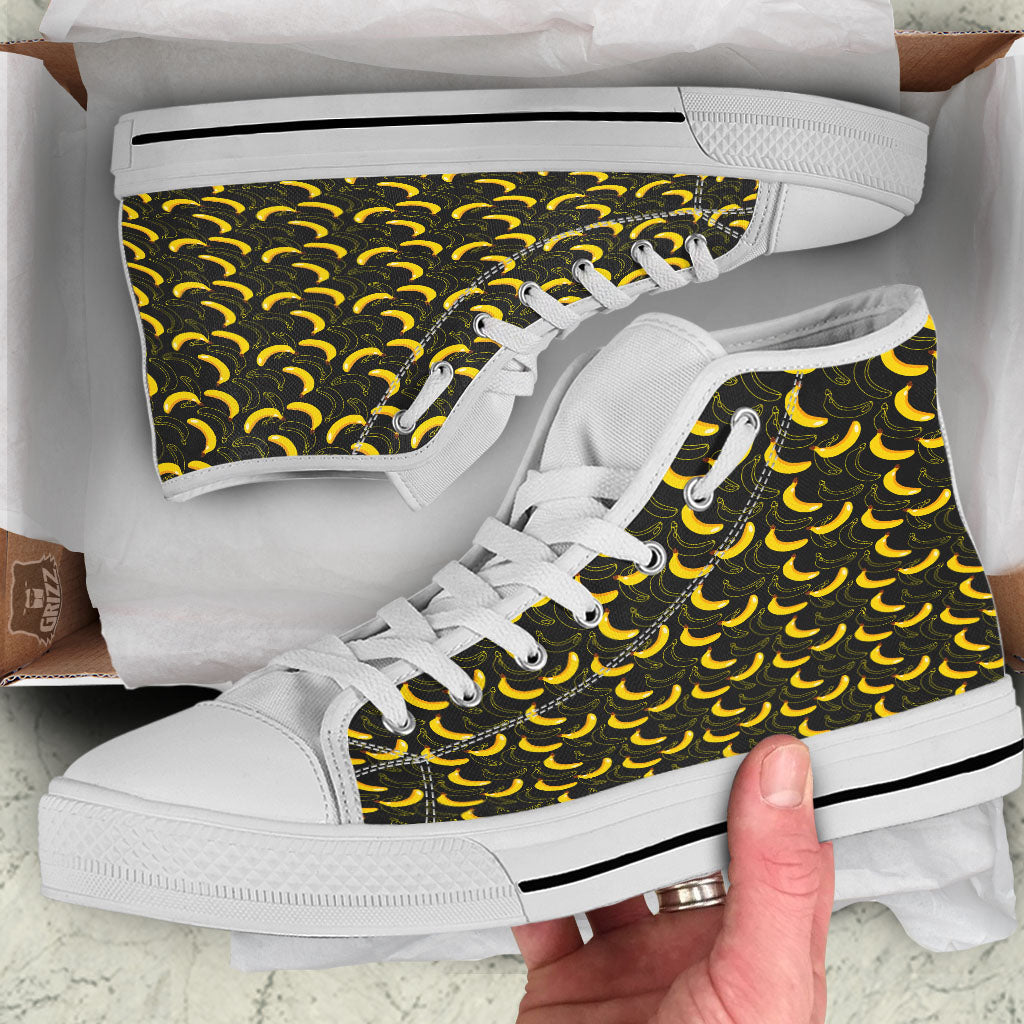 Banana Black Cartoon Print Pattern White High Top Shoes-grizzshop