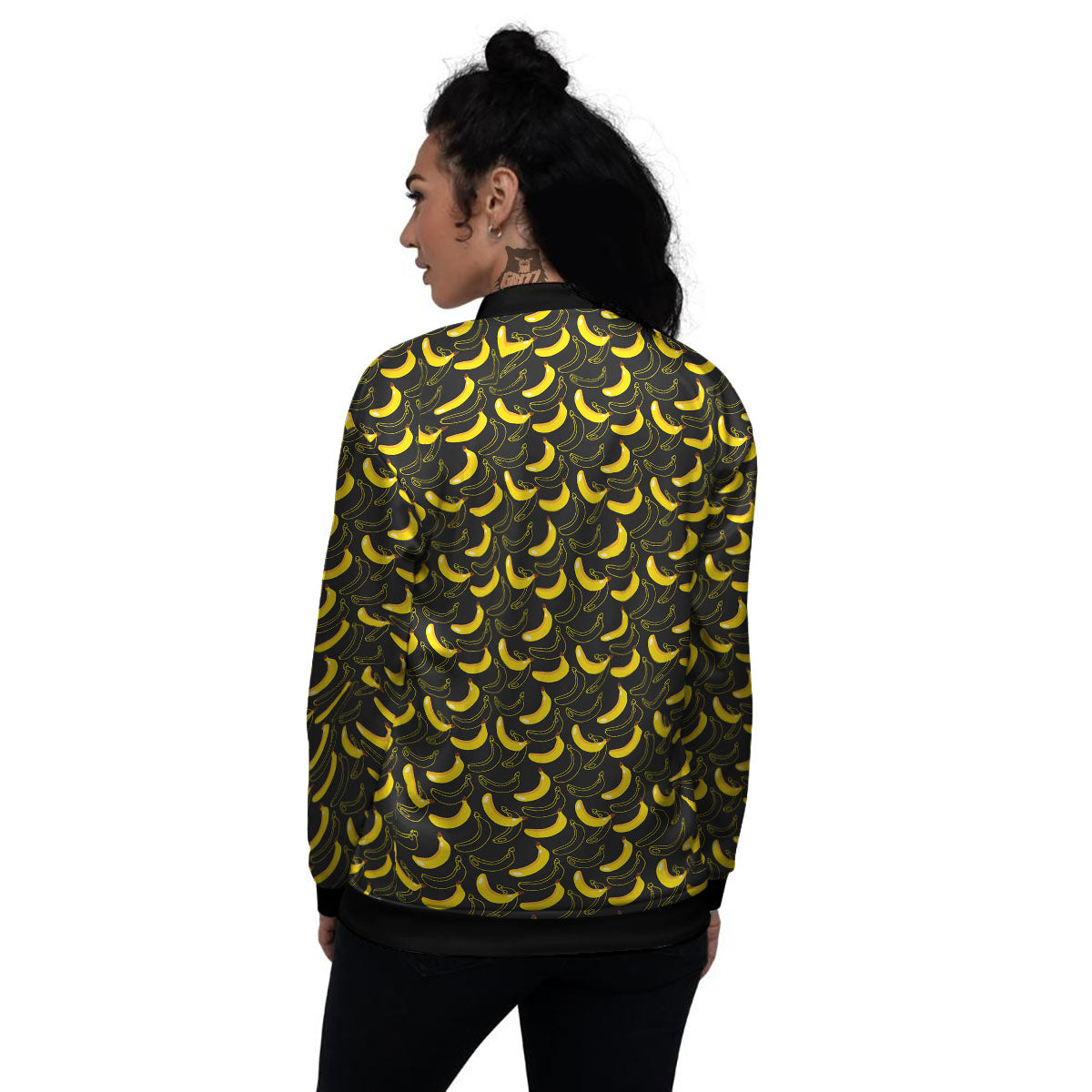 Banana Black Cartoon Print Pattern Women's Bomber Jacket-grizzshop