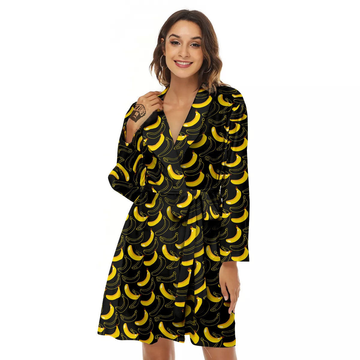 Banana Black Cartoon Print Pattern Women's Robe-grizzshop