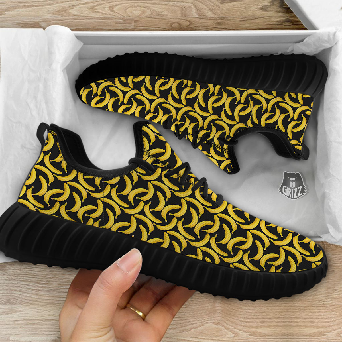Banana Black Print Pattern Black Walking Shoes-grizzshop