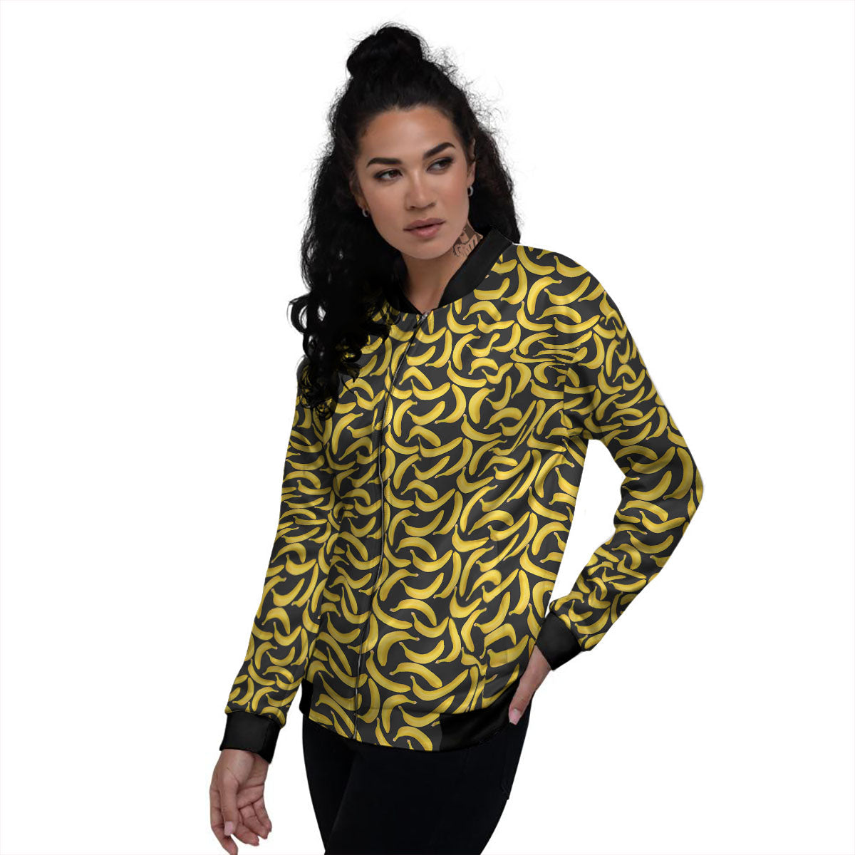 Banana Black Print Pattern Women's Bomber Jacket-grizzshop