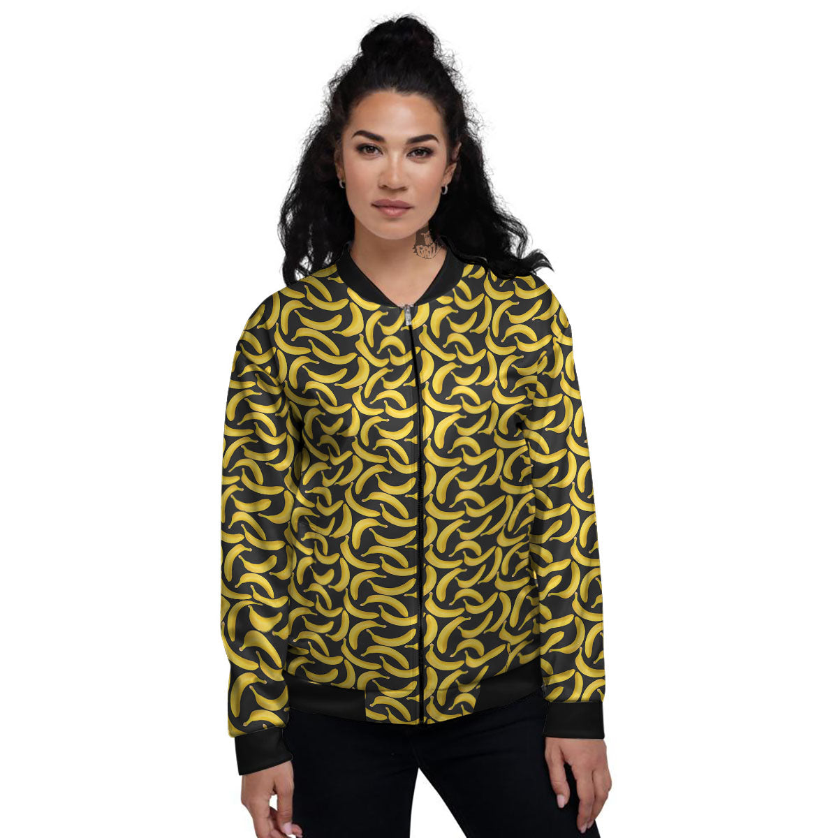 Banana Black Print Pattern Women's Bomber Jacket-grizzshop
