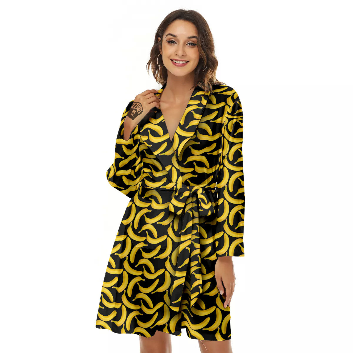 Banana Black Print Pattern Women's Robe-grizzshop