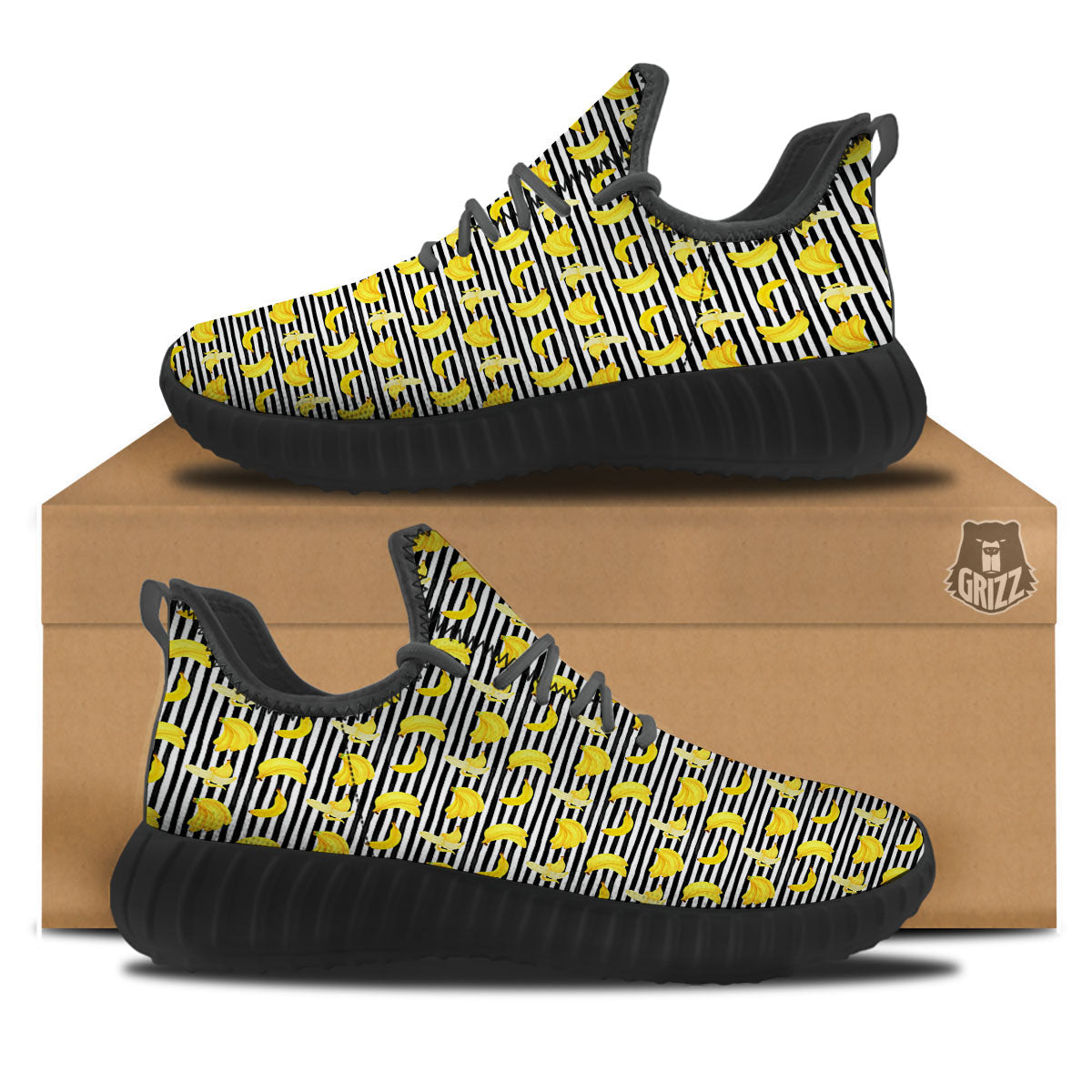 Banana Black Striped Print Pattern Black Walking Shoes-grizzshop