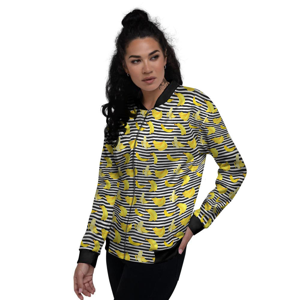 Banana Black Striped Print Pattern Women's Bomber Jacket-grizzshop
