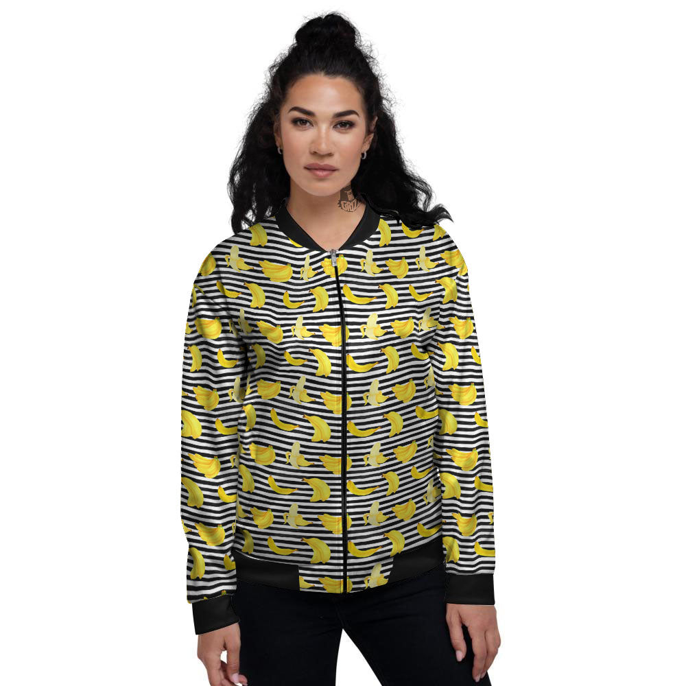 Banana Black Striped Print Pattern Women's Bomber Jacket-grizzshop