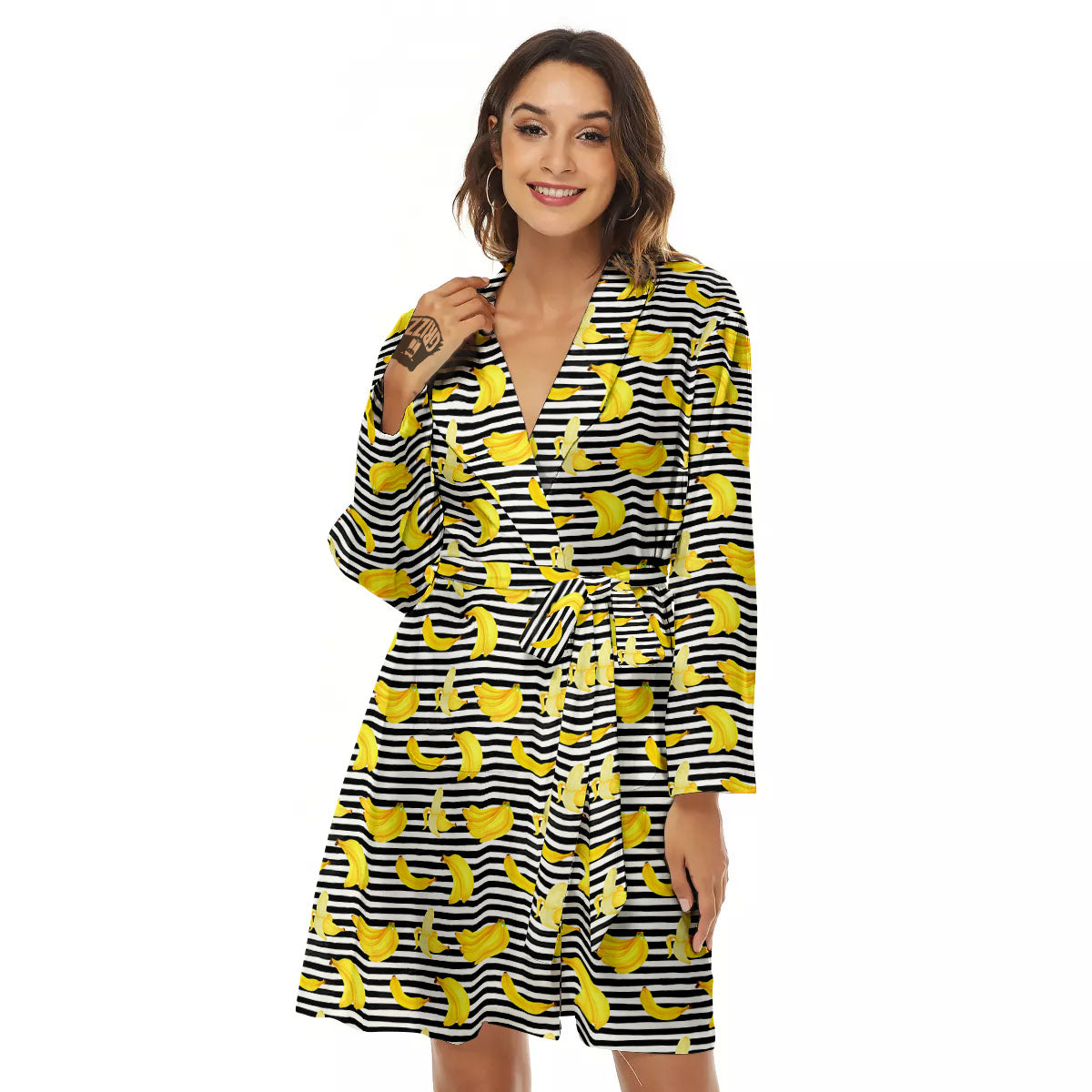 Banana Black Striped Print Pattern Women's Robe-grizzshop