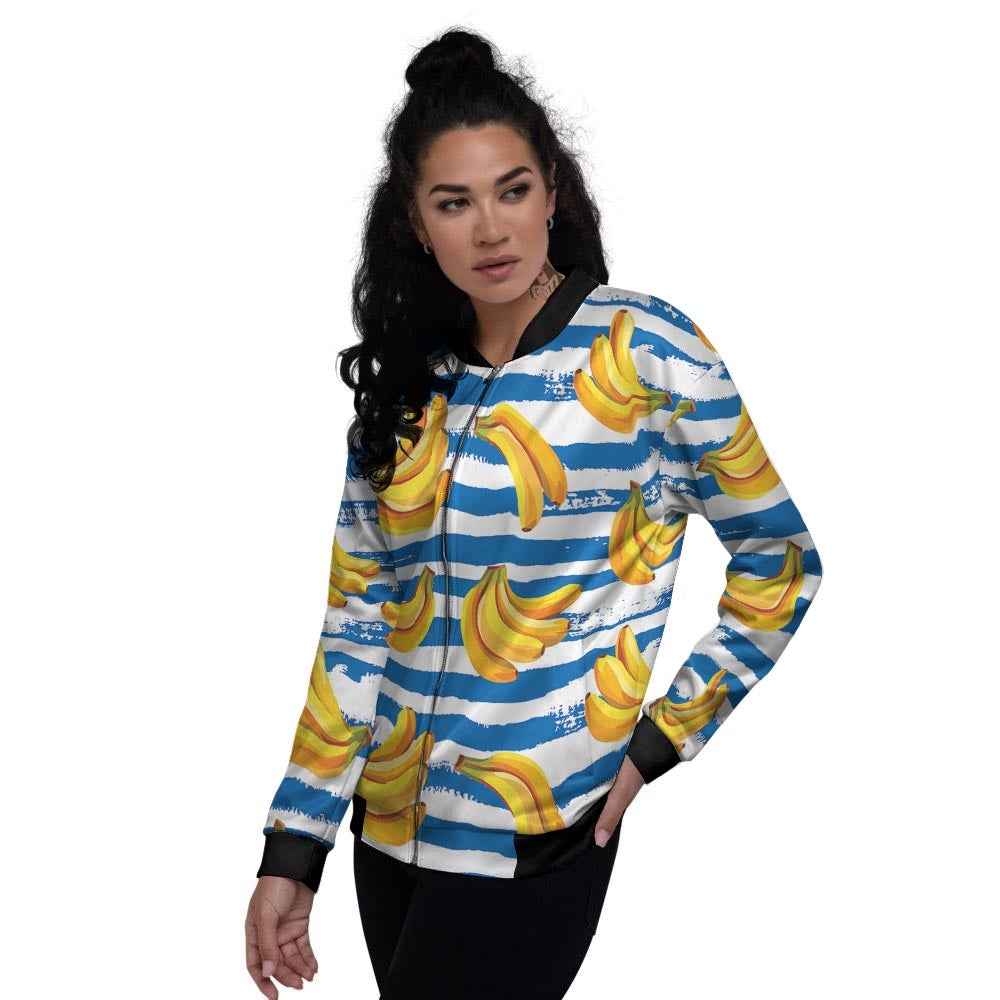 Banana Blue And White Striped Print Pattern Women's Bomber Jacket-grizzshop