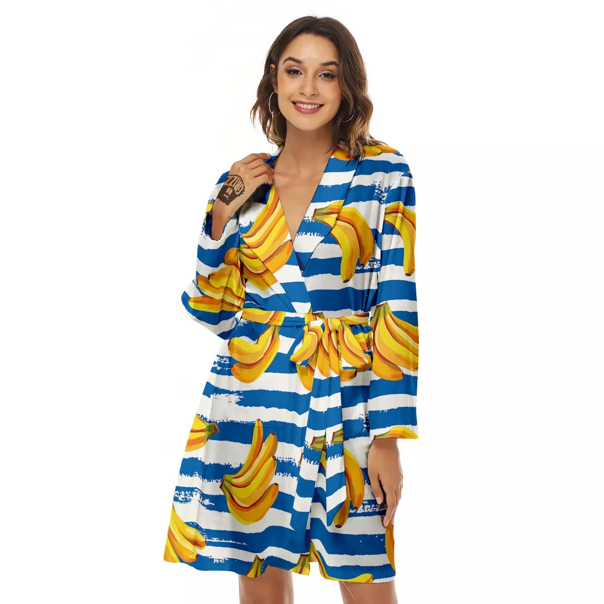Banana Blue And White Striped Print Pattern Women's Robe-grizzshop