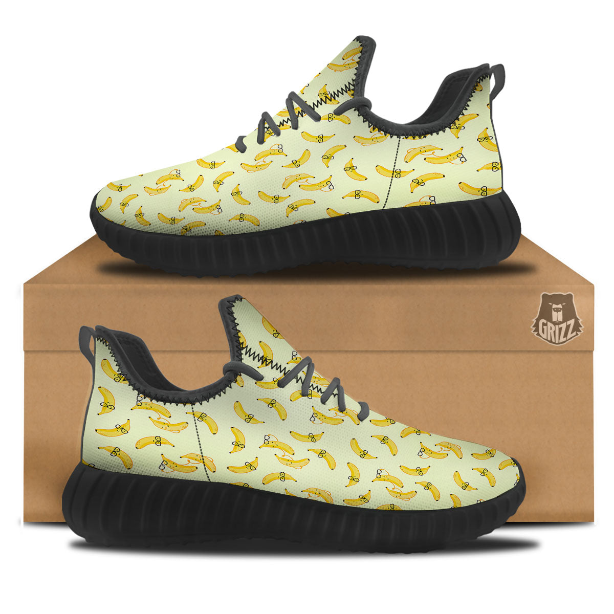 Banana Cute Print Pattern Black Walking Shoes-grizzshop
