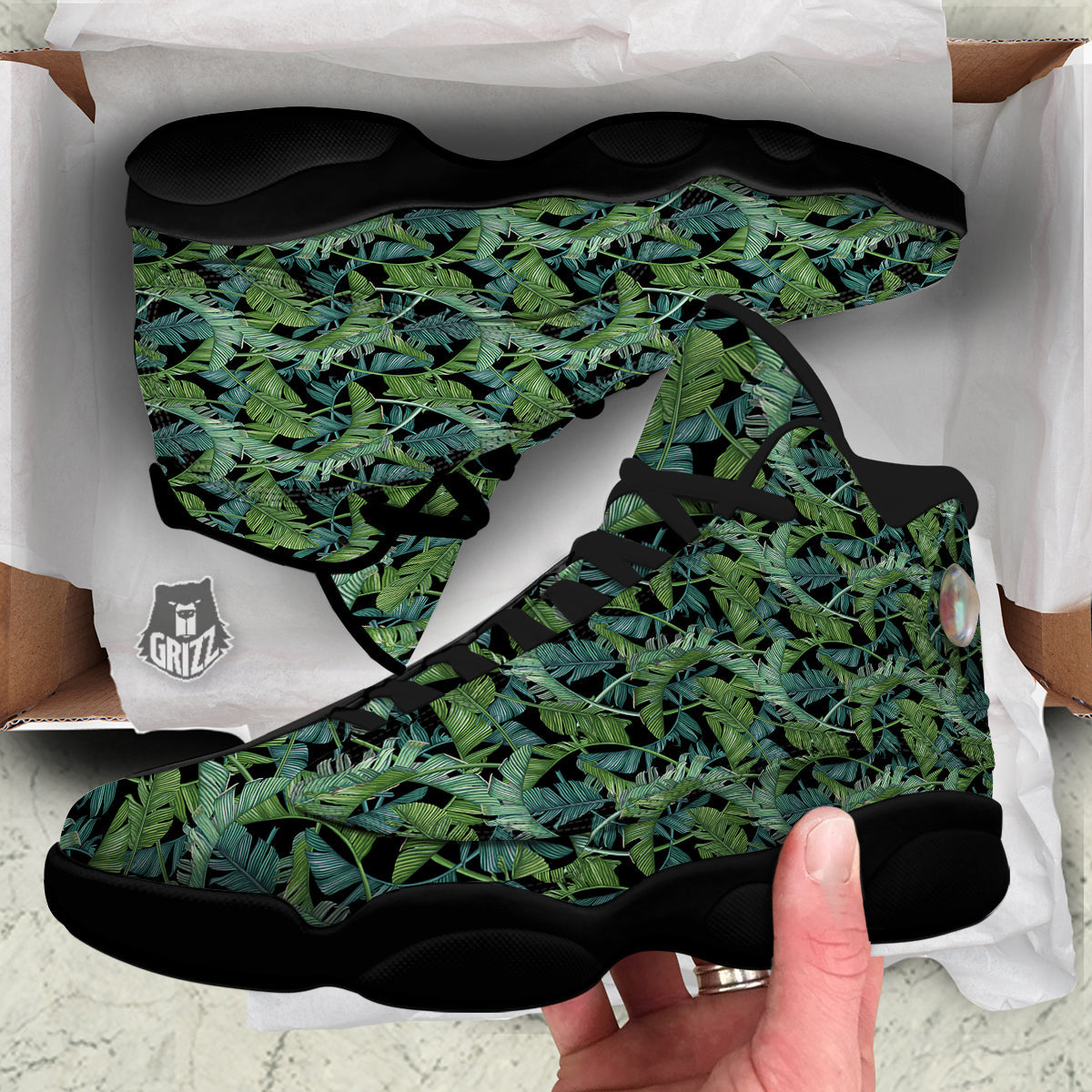 Banana Leaf Print Pattern Black Basketball Shoes-grizzshop