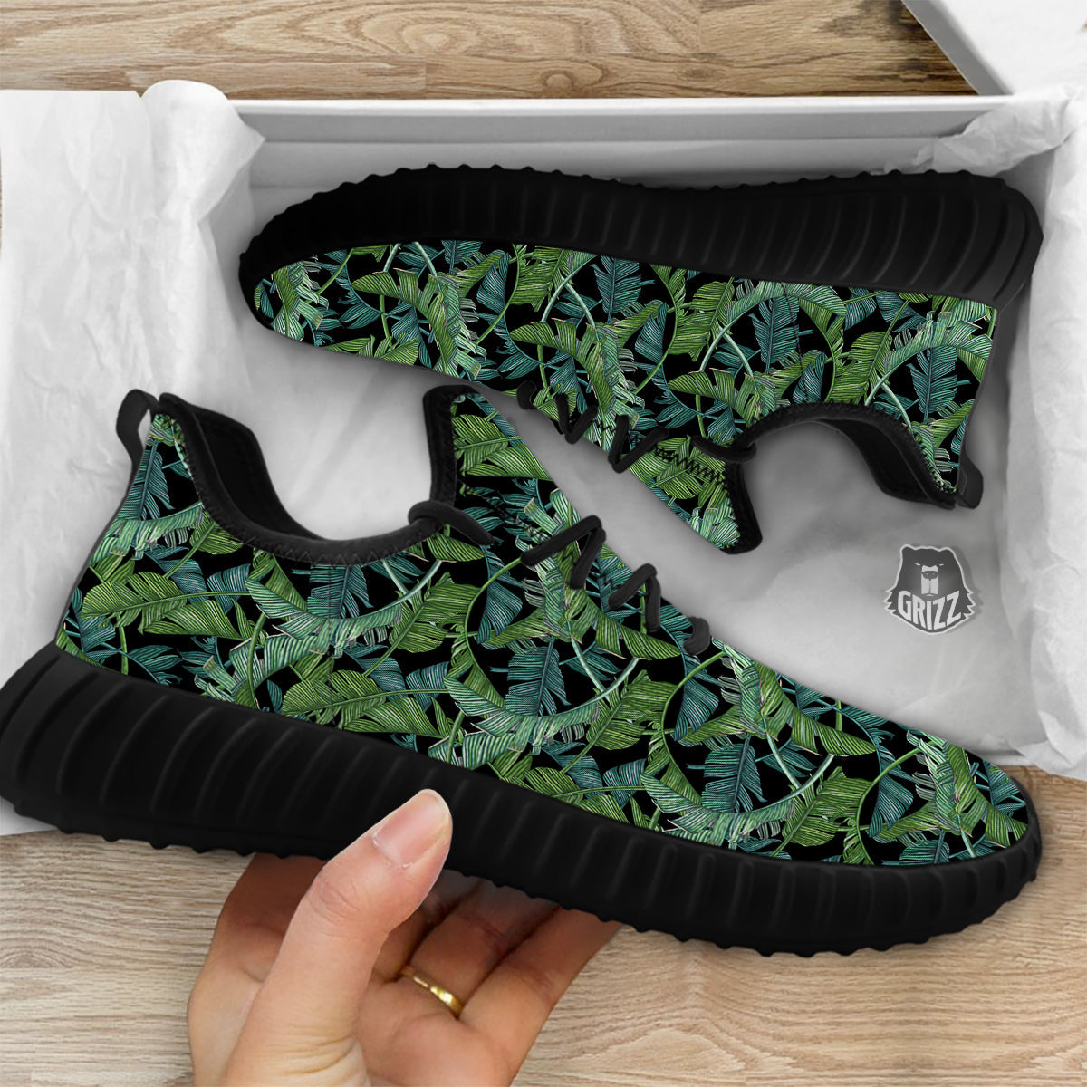 Banana Leaf Print Pattern Black Walking Shoes-grizzshop