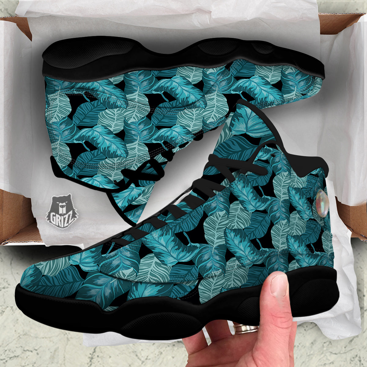 Banana Leaf Turquoise Print Pattern Black Basketball Shoes-grizzshop