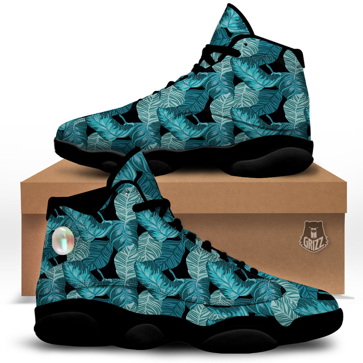 Banana Leaf Turquoise Print Pattern Black Basketball Shoes-grizzshop