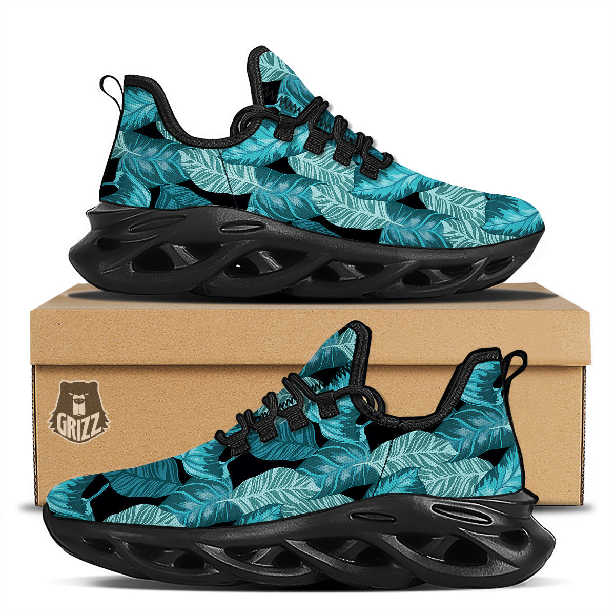 Banana Leaf Turquoise Print Pattern Black Running Shoes-grizzshop
