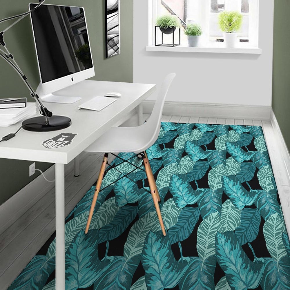 Banana Leaf Turquoise Print Pattern Floor Mat-grizzshop