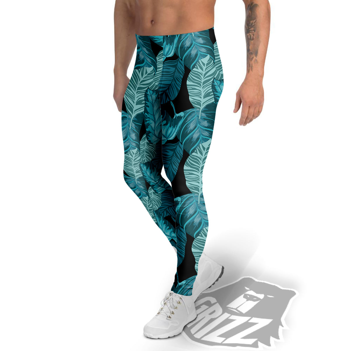 Banana Leaf Turquoise Print Pattern Men's Leggings-grizzshop