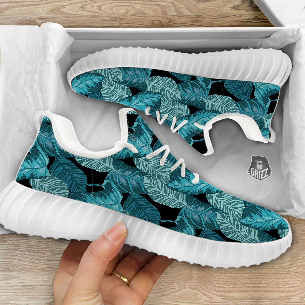 Banana Leaf Turquoise Print Pattern White Walking Shoes-grizzshop