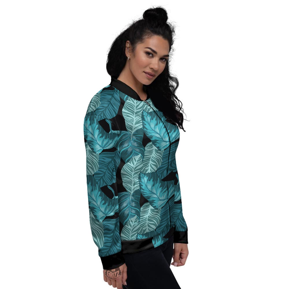 Banana Leaf Turquoise Print Pattern Women's Bomber Jacket-grizzshop