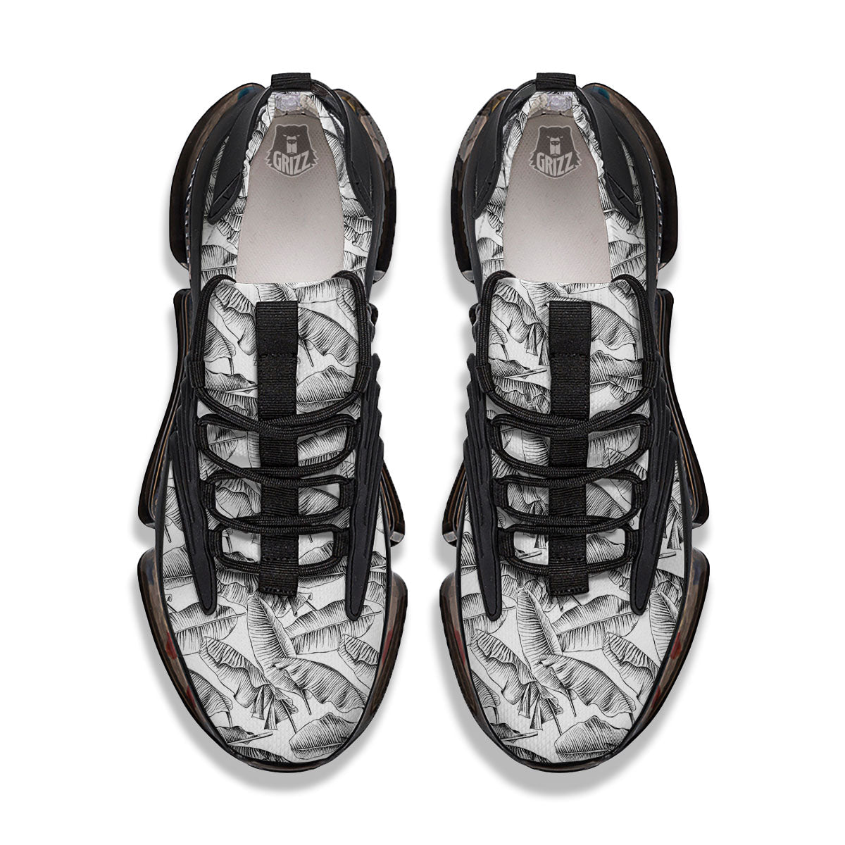 Banana Leaf White And Black Print Black Gym Shoes-grizzshop