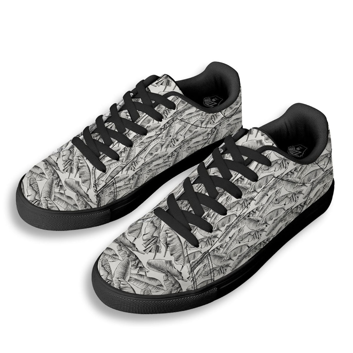 Banana Leaf White And Black Print Black Low Top Sneakers-grizzshop