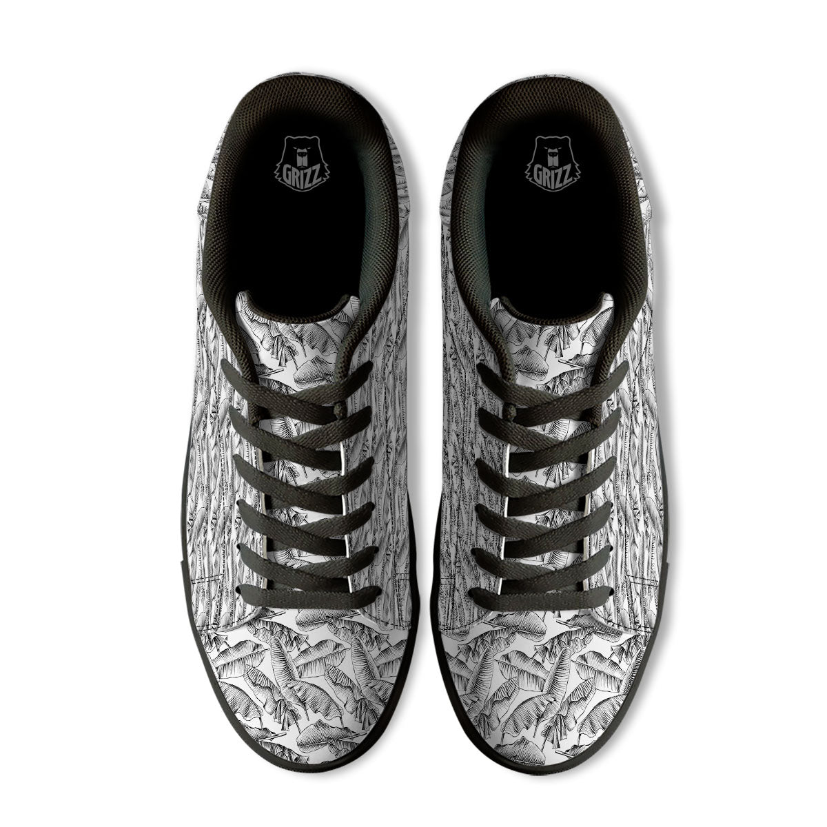 Banana Leaf White And Black Print Black Low Top Sneakers-grizzshop